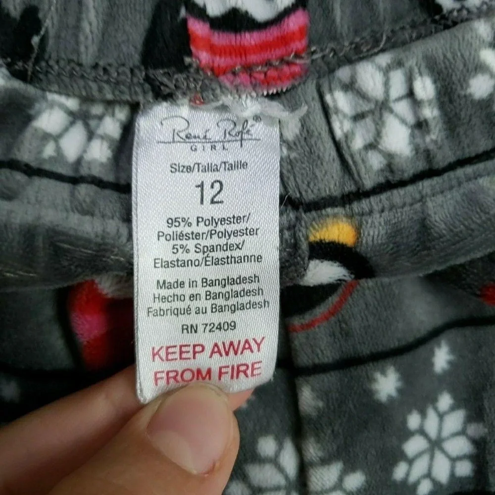 Rose & Ruffle Pajama Pants Girls 12 Gray Fleece Penguin Winter Sleepwear